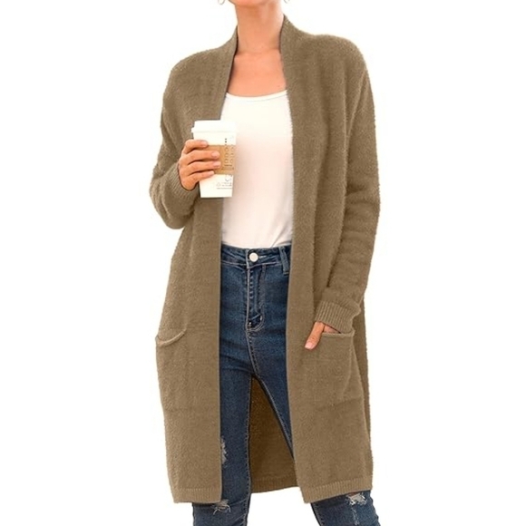 QIXING Casual Open Front Knit Cardigan with Pockets - Dark Khaki - Picture 1 of 15